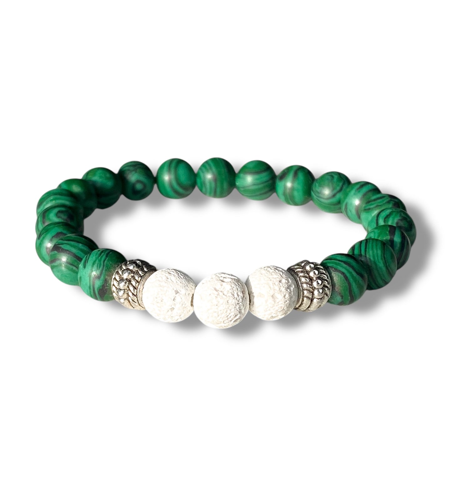 Pulsera Malaquita Verde y Roca Volcánica Blanca