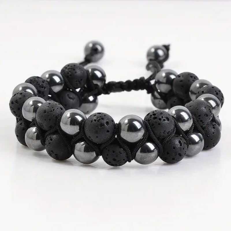 Pulsera Doble Hematita y Roca Volcánica