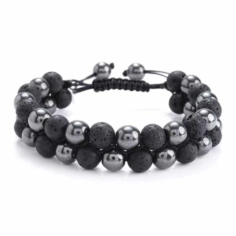Pulsera Doble Hematita y Roca Volcánica