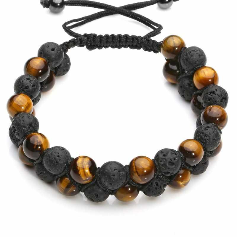 Pulsera Doble Ojo de Tigre y Roca Volcánica