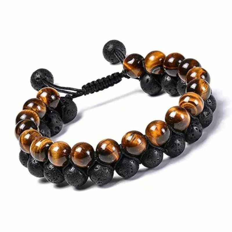 Pulsera Doble Roca Volcánica y Ojo de Tigre