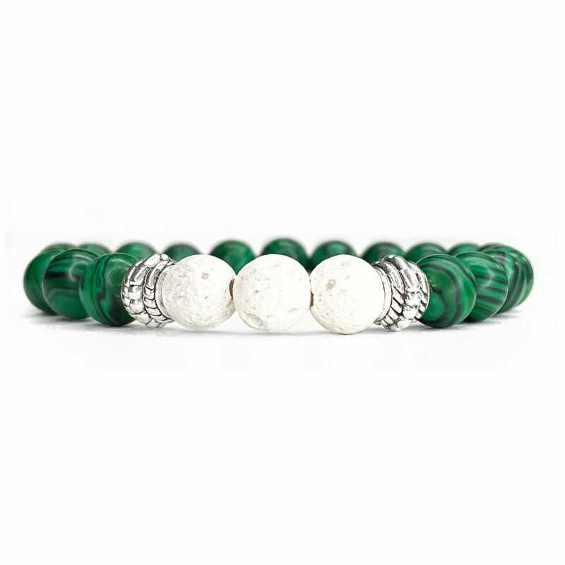 Pulsera Malaquita Verde y Roca Volcánica Blanca