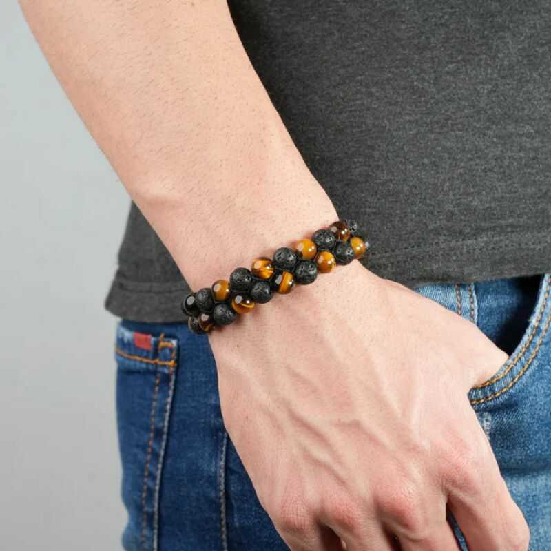 Pulsera Doble Ojo de Tigre y Roca Volcánica