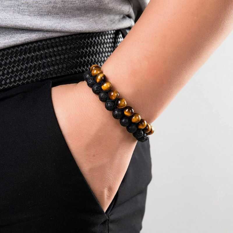 Pulsera Doble Roca Volcánica y Ojo de Tigre