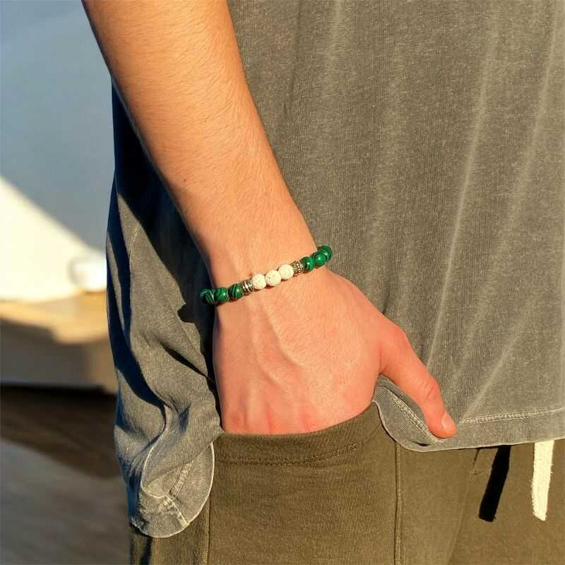Pulsera Malaquita Verde y Roca Volcánica Blanca
