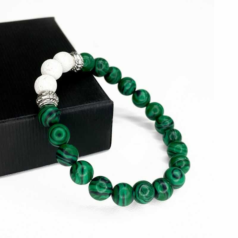 Pulsera Malaquita Verde y Roca Volcánica Blanca