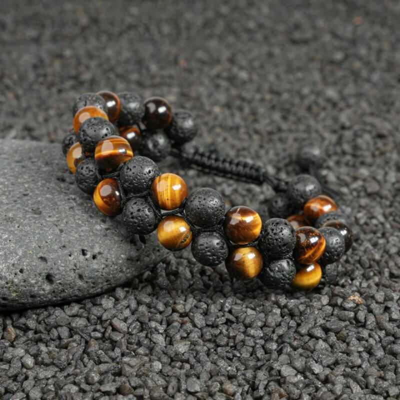 Pulsera Doble Ojo de Tigre y Roca Volcánica