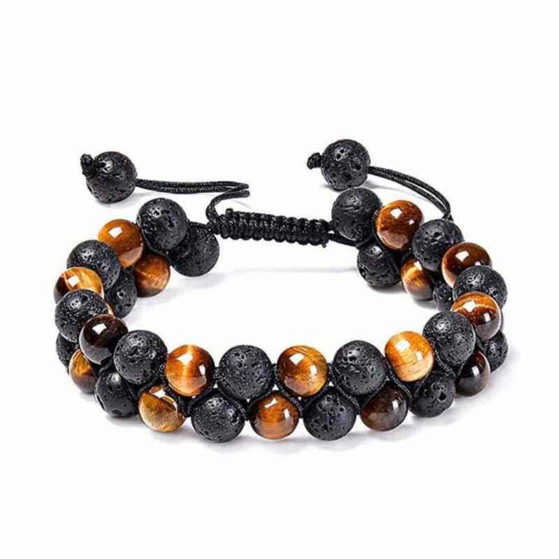 Pulsera Doble Ojo de Tigre y Roca Volcánica