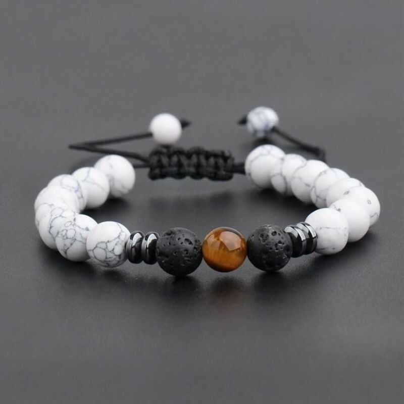 Pulsera Ajustable Reconstituida Howlita, Ojo de Tigre y Roca Volcánica