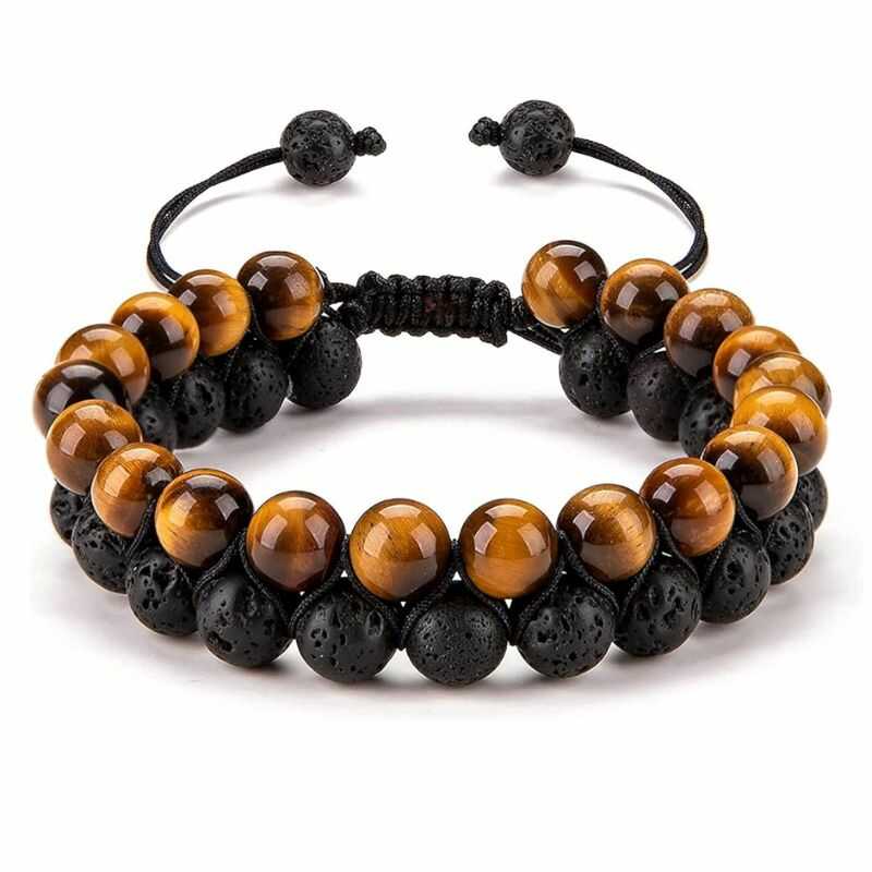 Pulsera Doble Roca Volcánica y Ojo de Tigre