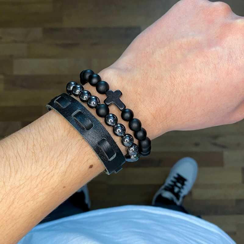 Set de Pulseras Hematita y Cruz