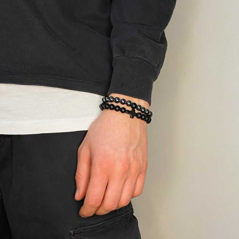 Set de Pulseras Hematita y Cruz