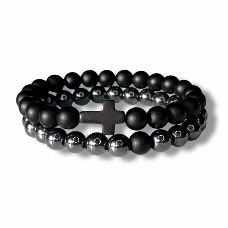 Set de Pulseras Hematita y Cruz