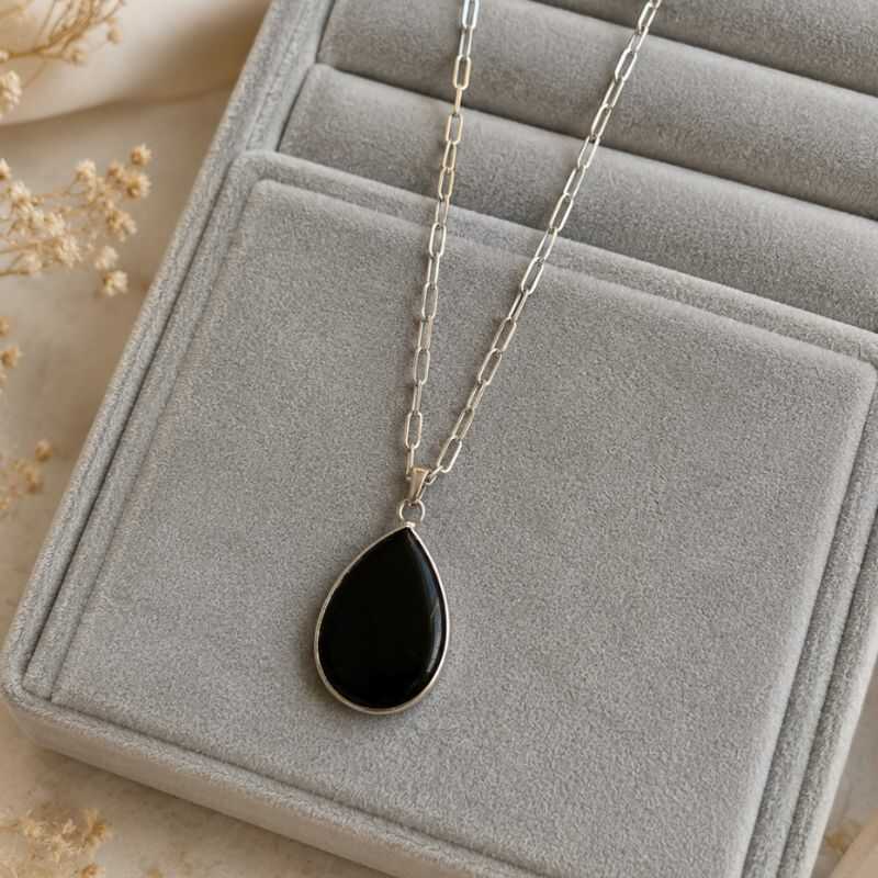 Collar Obsidiana Negra Engarzada
