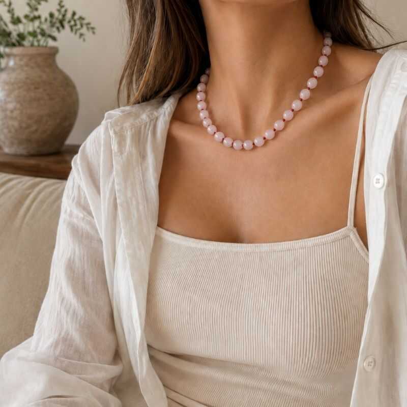 Collar Cuarzo Rosa + Mostacillas