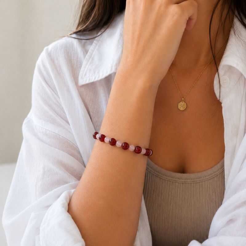 Pulsera Combinada Ágata roja y Cuarzo rosa