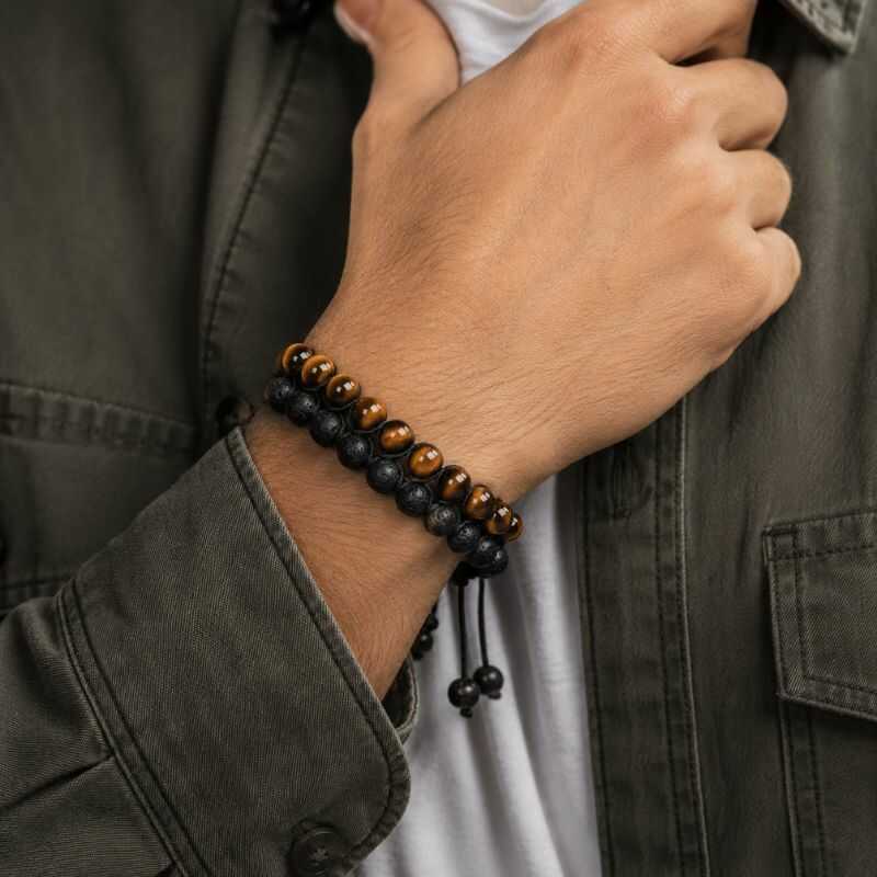 Pulsera Doble Roca Volcánica y Ojo de Tigre