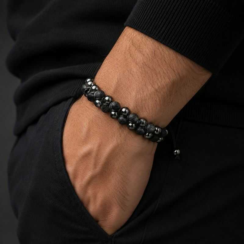 Pulsera Doble Hematita y Roca Volcánica