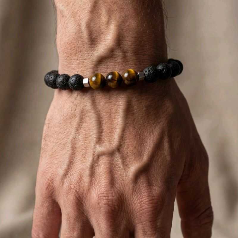 Pulsera Roca Volcánica y Ojo de Tigre