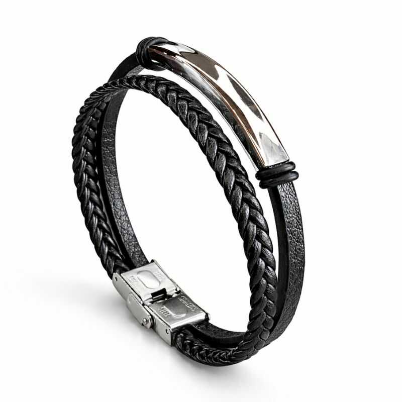 Pulsera Doble Cuero y Acero