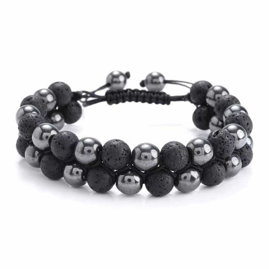 Pulsera Doble Hematita y Roca Volcánica