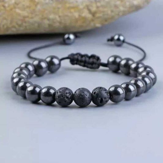 Pulsera Ajustable Hematita y Roca Volcánica