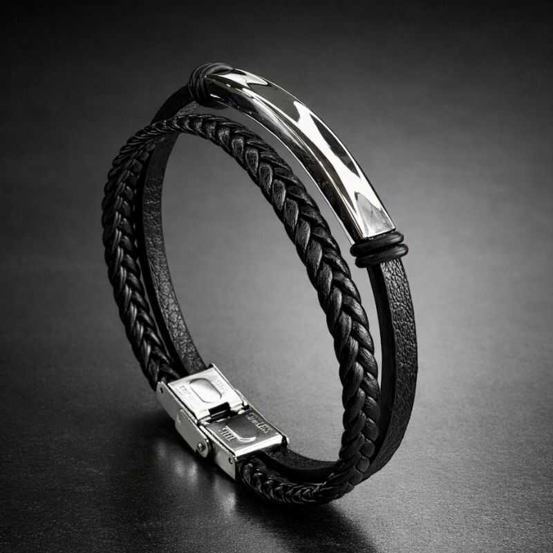 Pulsera Doble Cuero y Acero