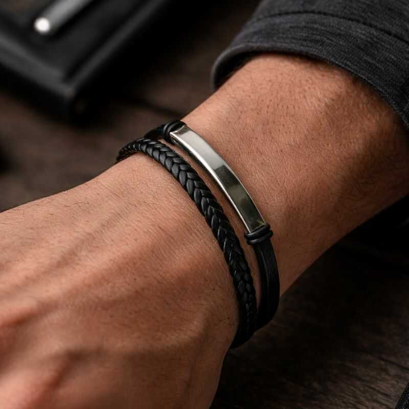 Pulsera Doble Cuero y Acero