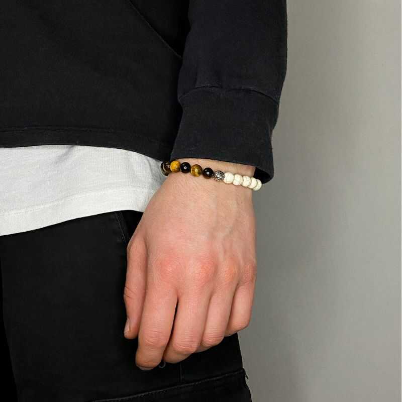 Pulsera de Hilo Ojo de Tigre y Reconstituida Beige