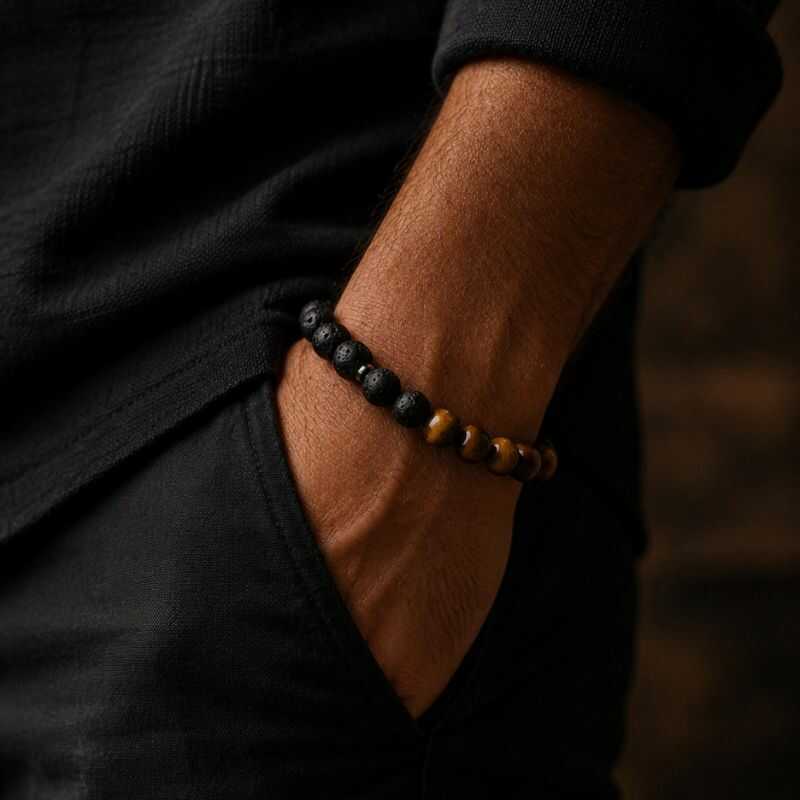 Pulsera Ojo de Tigre y Roca Volcánica
