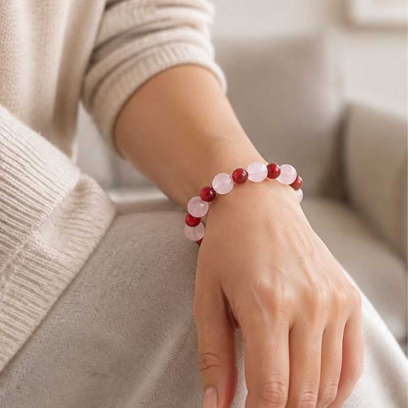Pulsera Combinada Cuarzo rosa y Ágata roja