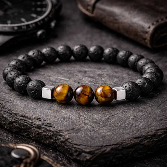 Pulsera Roca Volcánica y Ojo de Tigre