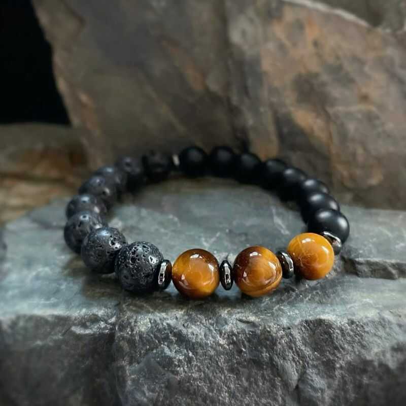 Pulsera Ojo de Tigre, Roca Volcánica y Ónix Mate