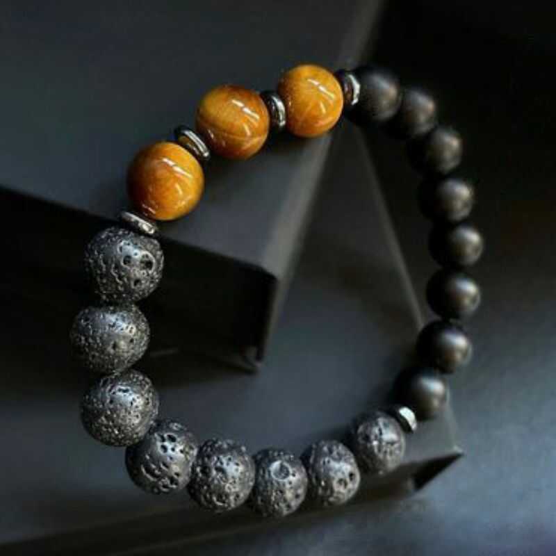 Pulsera Ojo de Tigre, Roca Volcánica y Ónix Mate