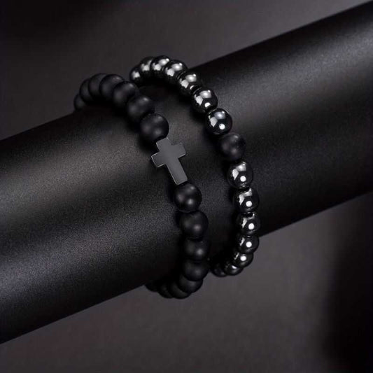 Set de Pulseras Hematita y Cruz