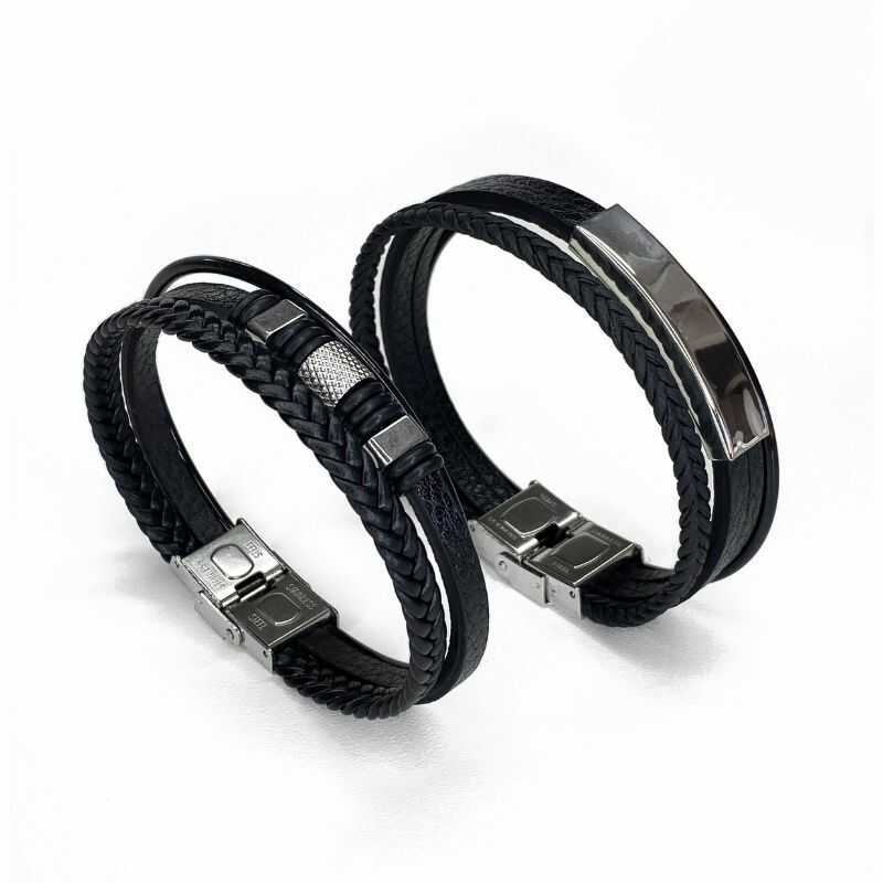 Pulsera Triple de Cuero y Acero