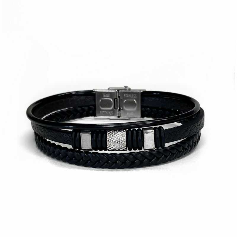 Pulsera Triple de Cuero y Acero