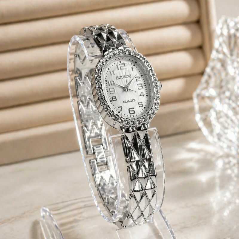 Reloj Plateado Brillos Ovalado