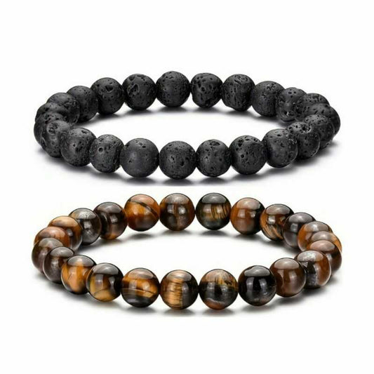 Set Pulseras Ojo de Tigre y Roca Volcánica